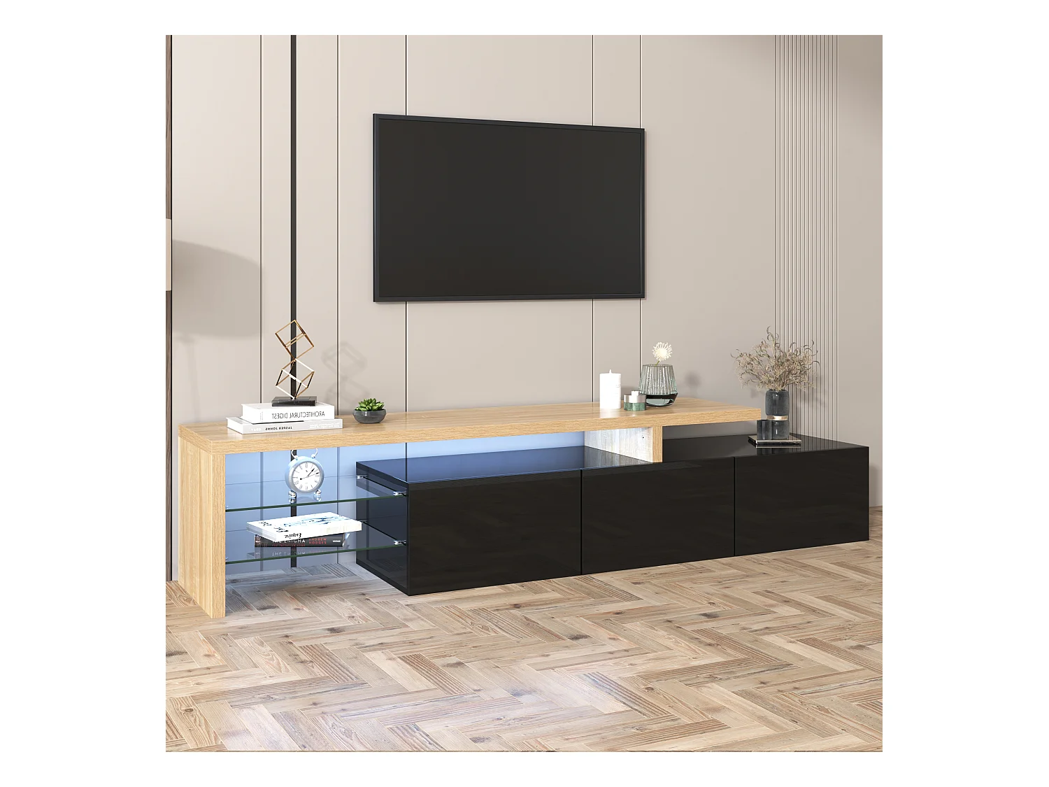 Meuble TV Moderne : Élégance Stylée, Rangement Pratique, Noir Brillant, Aspect Bois, Étagères en Verre, Éclairage LED