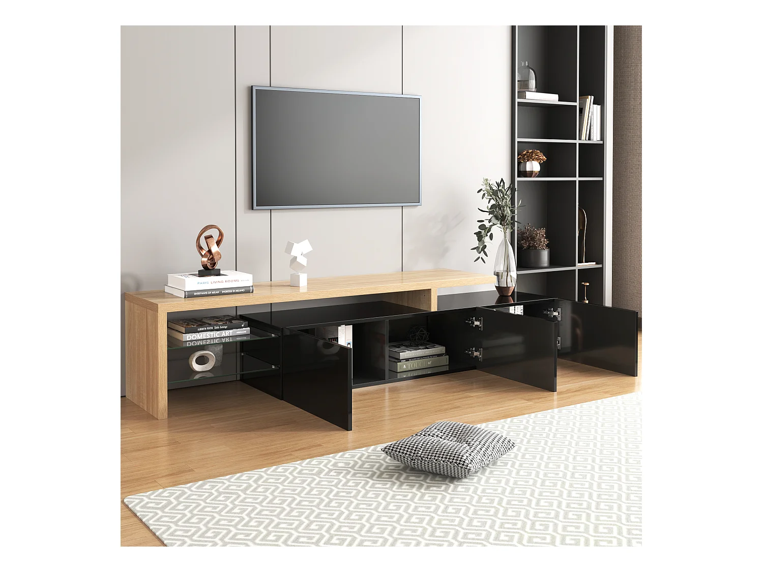 Meuble TV Moderne : Élégance Stylée, Rangement Pratique, Noir Brillant, Aspect Bois, Étagères en Verre, Éclairage LED