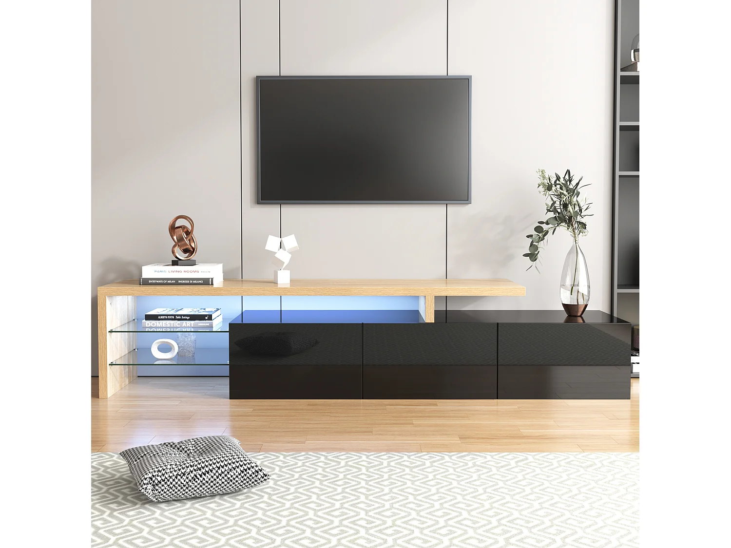Meuble TV Moderne : Élégance Stylée, Rangement Pratique, Noir Brillant, Aspect Bois, Étagères en Verre, Éclairage LED