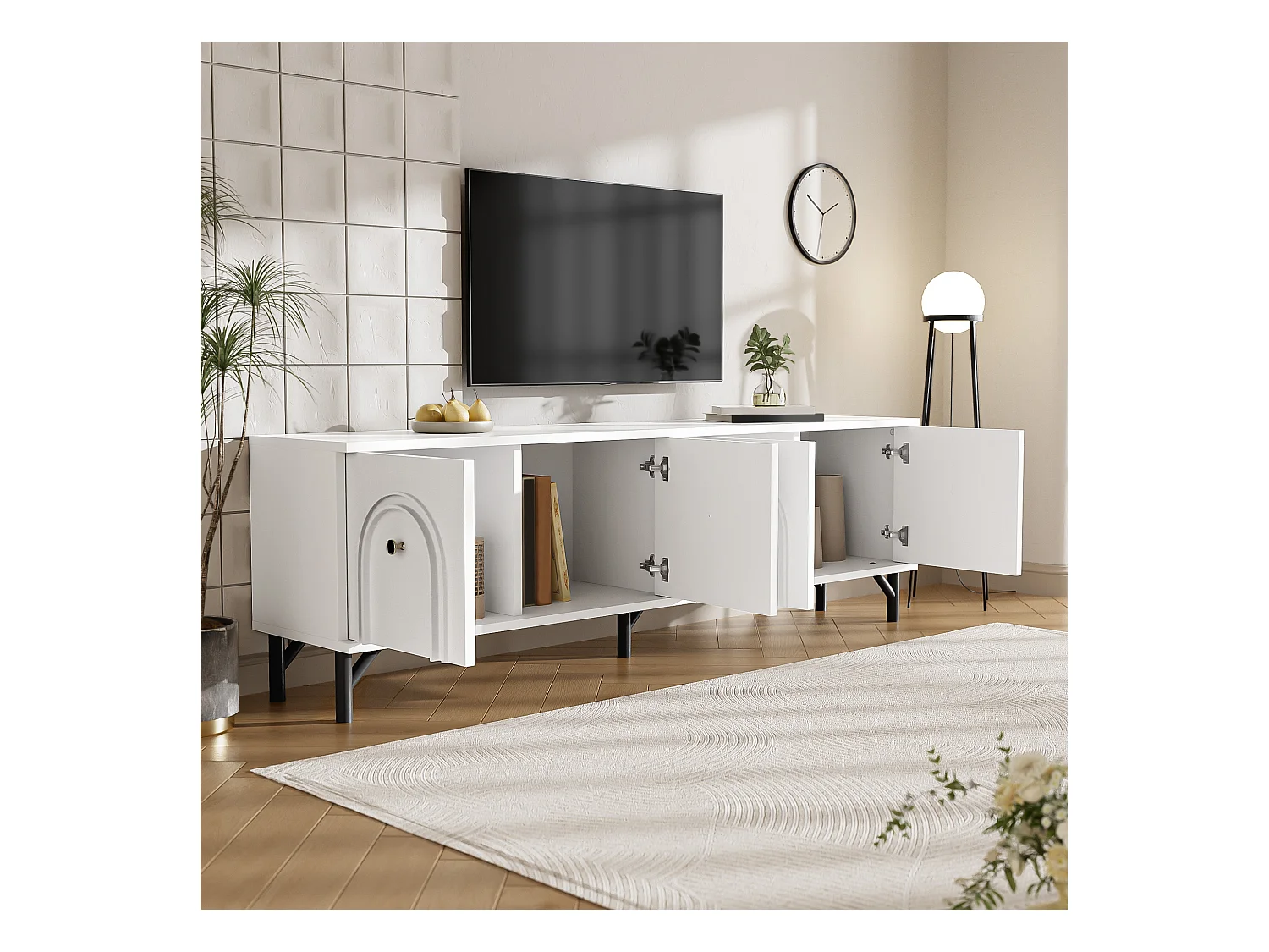 Meuble TV 4 portes moderne – Blanc, 160 cm – Design élégant, charnières Soft-Close – Parfait pour le salon et la zone de divertissement.