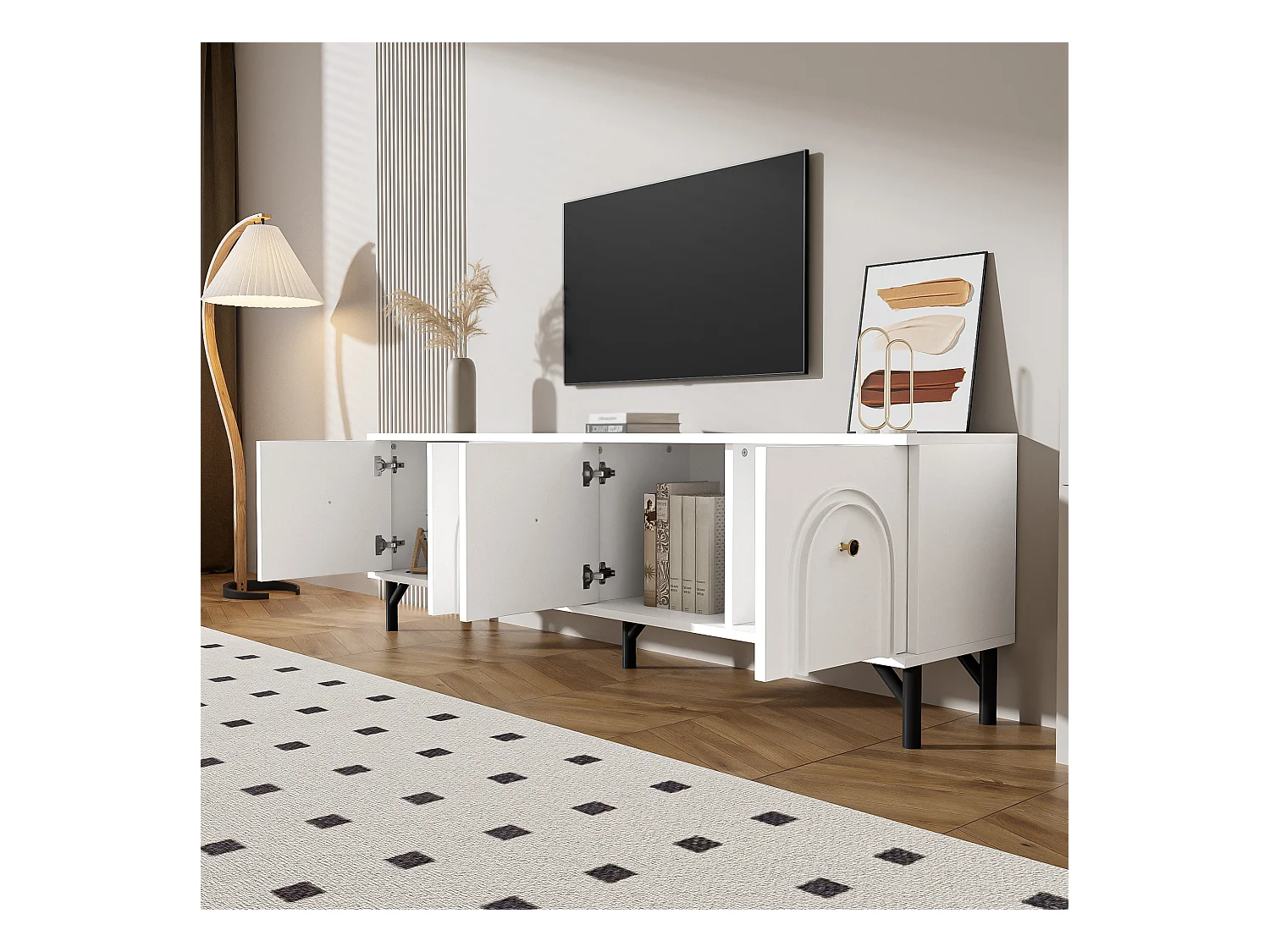 Meuble TV 4 portes moderne – Blanc, 160 cm – Design élégant, charnières Soft-Close – Parfait pour le salon et la zone de divertissement.