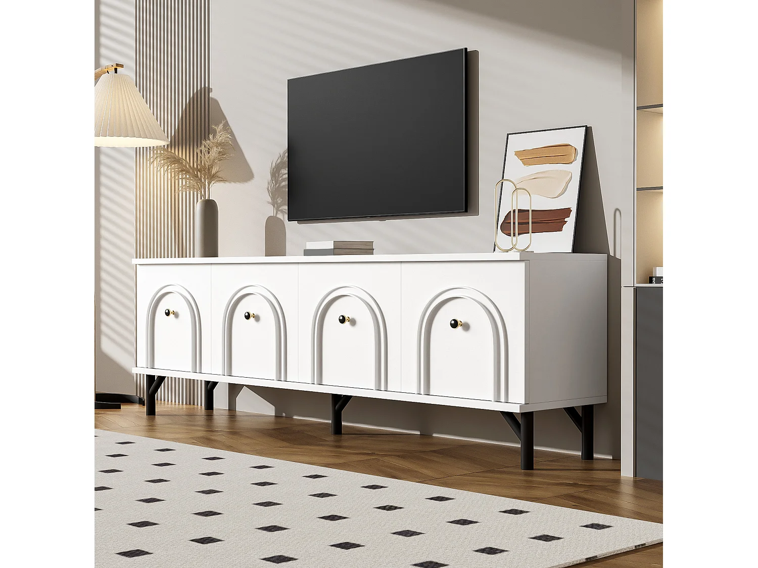 Meuble TV 4 portes moderne – Blanc, 160 cm – Design élégant, charnières Soft-Close – Parfait pour le salon et la zone de divertissement.