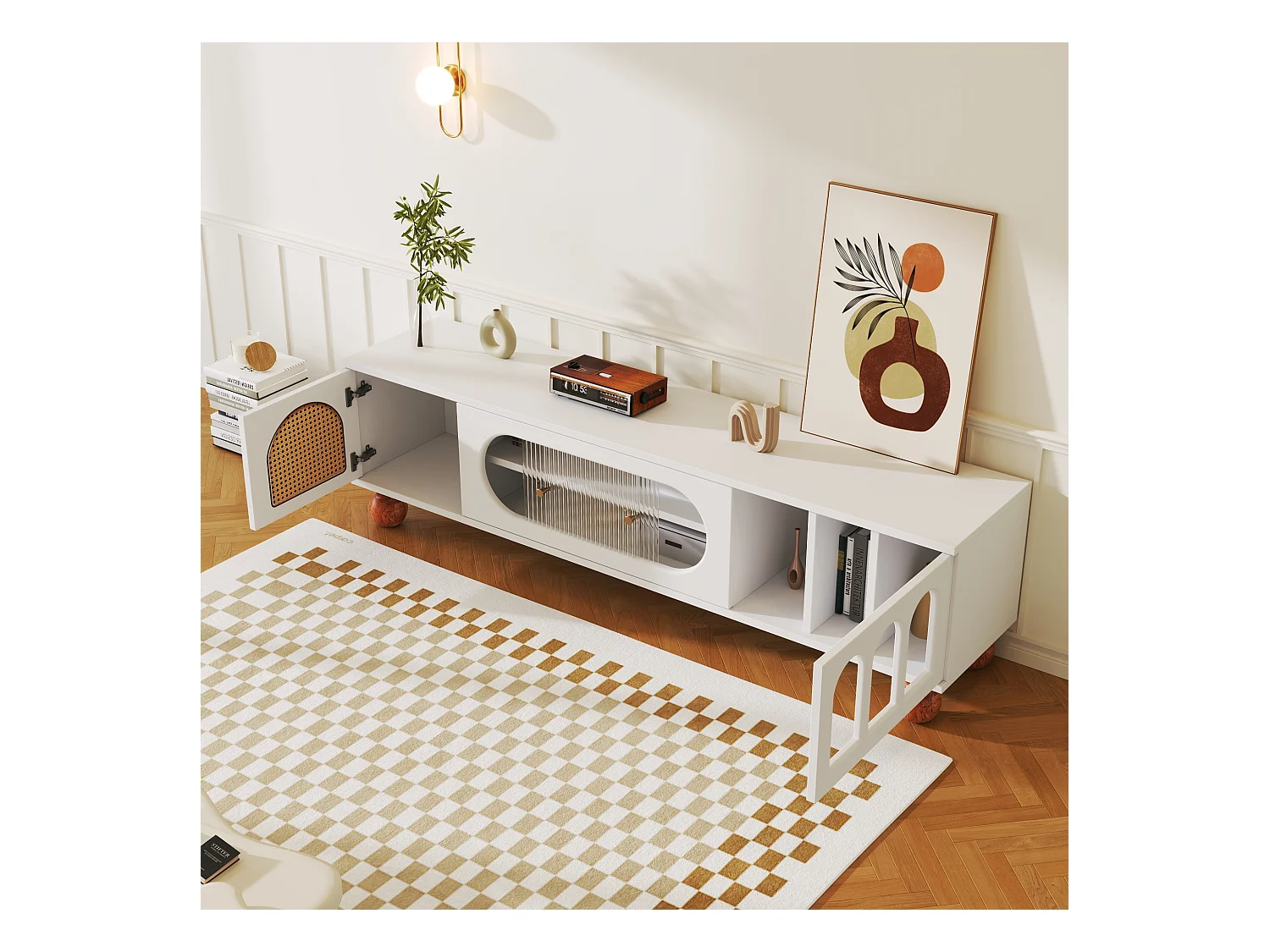 Meuble TV, Porte Effet Rotin, Porte Coulissante en Verre, 3 Compartiments Ouverts, Lowboard avec Poignées Dorées et Pieds Massifs en Bois