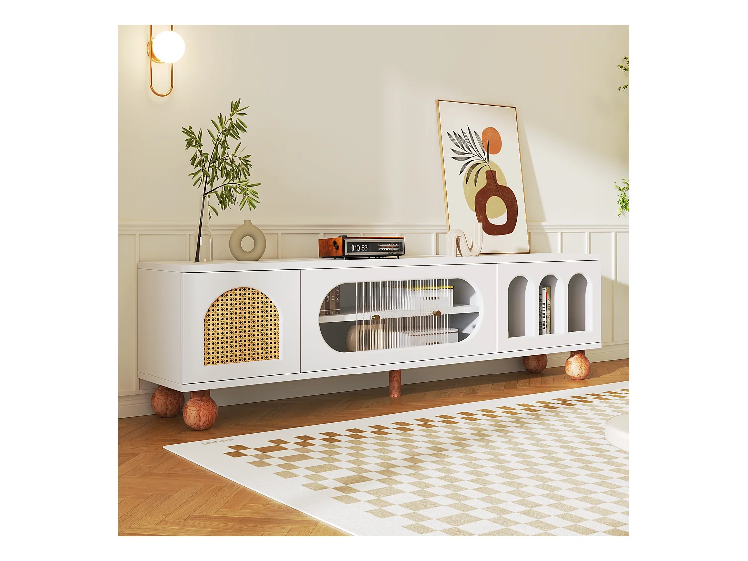 Meuble TV, Porte Effet Rotin, Porte Coulissante en Verre, 3 Compartiments Ouverts, Lowboard avec Poignées Dorées et Pieds Massifs en Bois