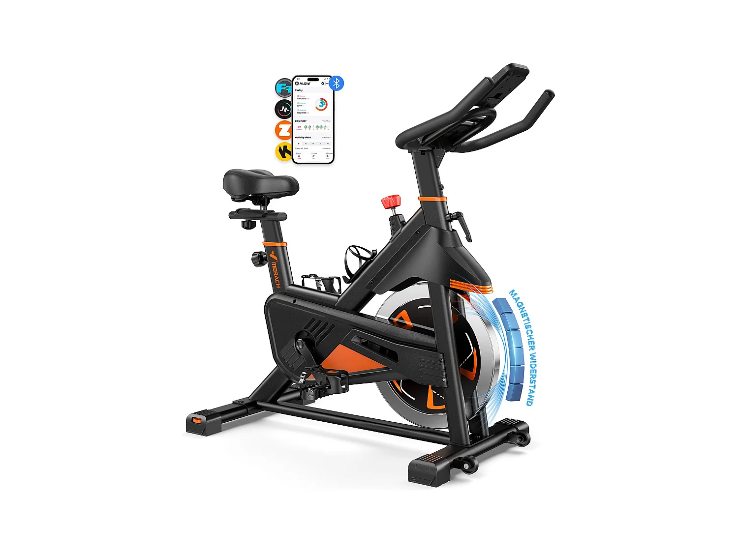Cyclette Magnetica MERACH, 16 Livelli di Resistenza, LCD, Bluetooth, Volano 6 kg, Sedile Regolabile, Cardio e Allenamento Gambe