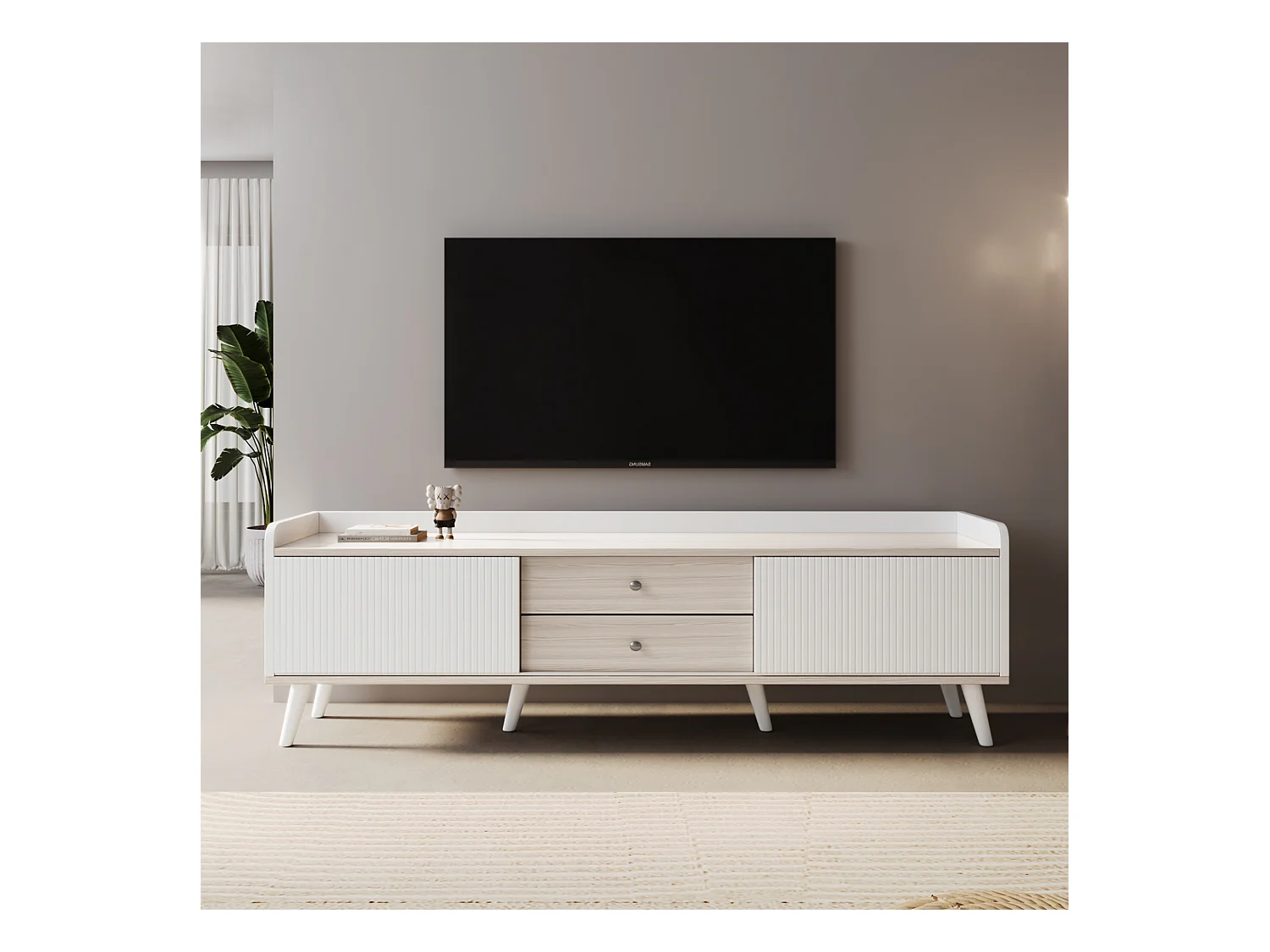 Meuble TV Lowboard blanc/bois naturel H58×L160×P40 cm avec 2 tiroirs, 2 portes coulissantes. Design épuré, idéal salon, grand espace de rangement médias