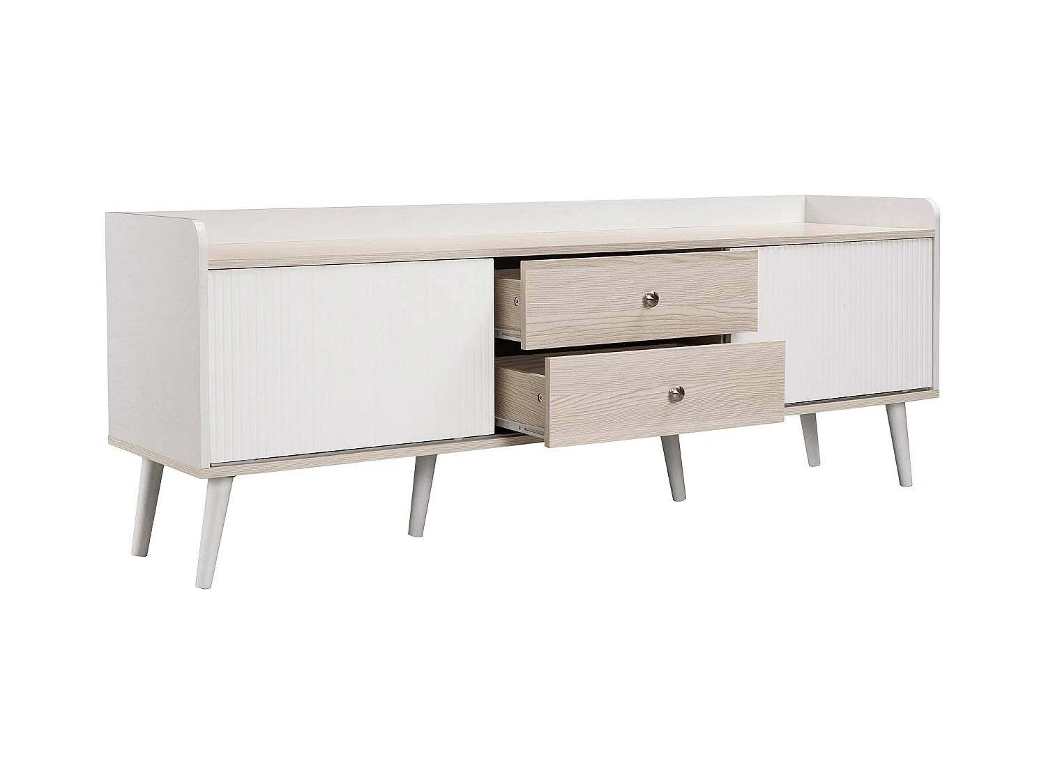 Meuble TV Lowboard blanc/bois naturel H58×L160×P40 cm avec 2 tiroirs, 2 portes coulissantes. Design épuré, idéal salon, grand espace de rangement médias