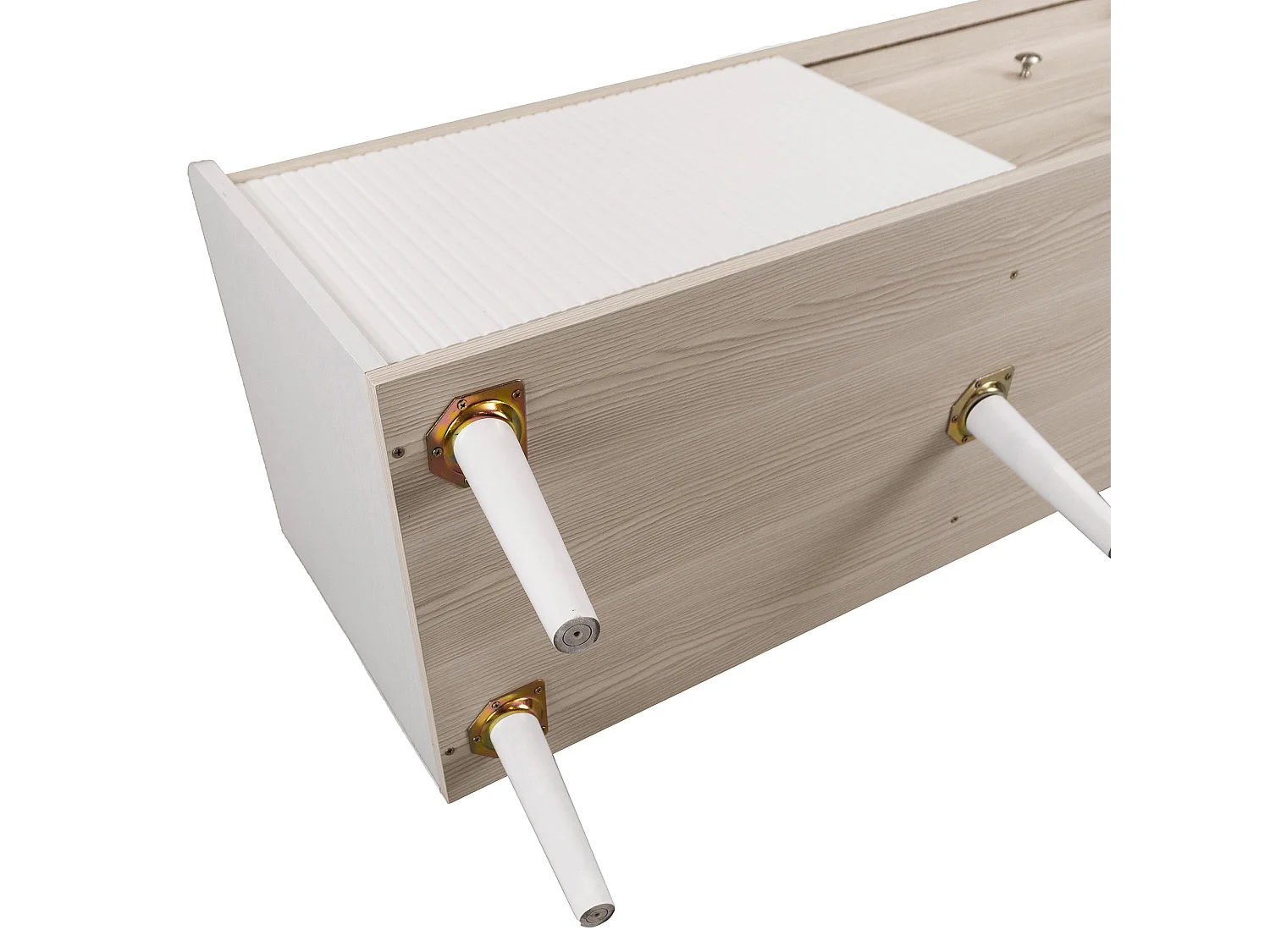 Meuble TV Lowboard blanc/bois naturel H58×L160×P40 cm avec 2 tiroirs, 2 portes coulissantes. Design épuré, idéal salon, grand espace de rangement médias