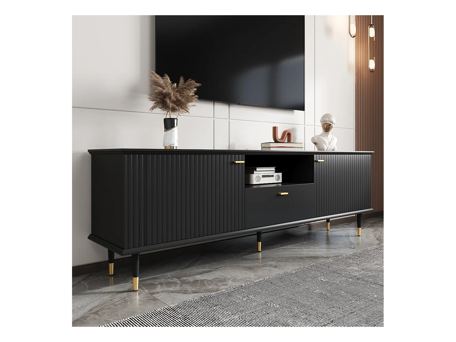 Meuble TV avec compartiments ouverts et tiroirs, surface structurée laquée, charnières Soft-Close, design moderne et fonctionnel.