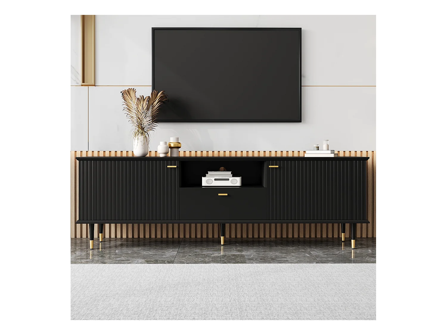 Meuble TV avec compartiments ouverts et tiroirs, surface structurée laquée, charnières Soft-Close, design moderne et fonctionnel.
