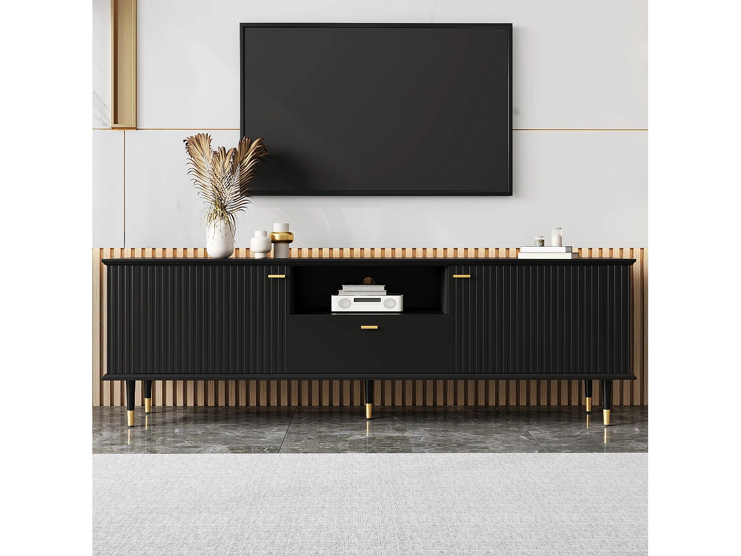 Meuble TV avec compartiments ouverts et tiroirs, surface structurée laquée, charnières Soft-Close, design moderne et fonctionnel.