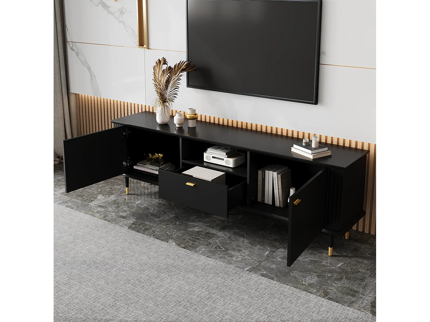 Meuble TV avec compartiments ouverts et tiroirs, surface structurée laquée, charnières Soft-Close, design moderne et fonctionnel.