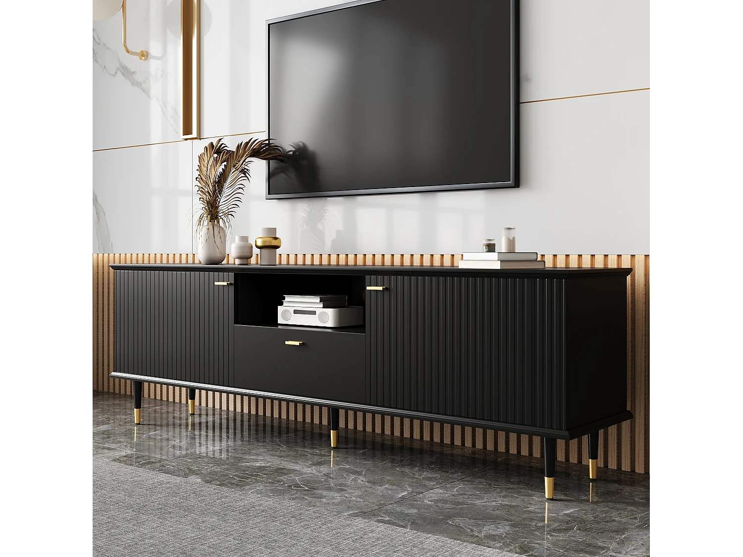 Meuble TV avec compartiments ouverts et tiroirs, surface structurée laquée, charnières Soft-Close, design moderne et fonctionnel.