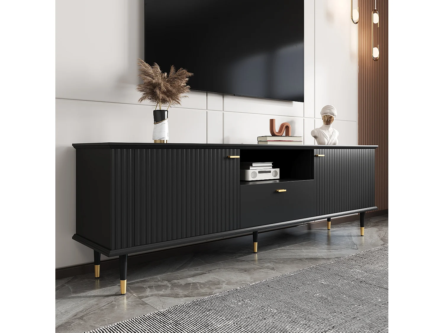 Meuble TV avec compartiments ouverts et tiroirs, surface structurée laquée, charnières Soft-Close, design moderne et fonctionnel.