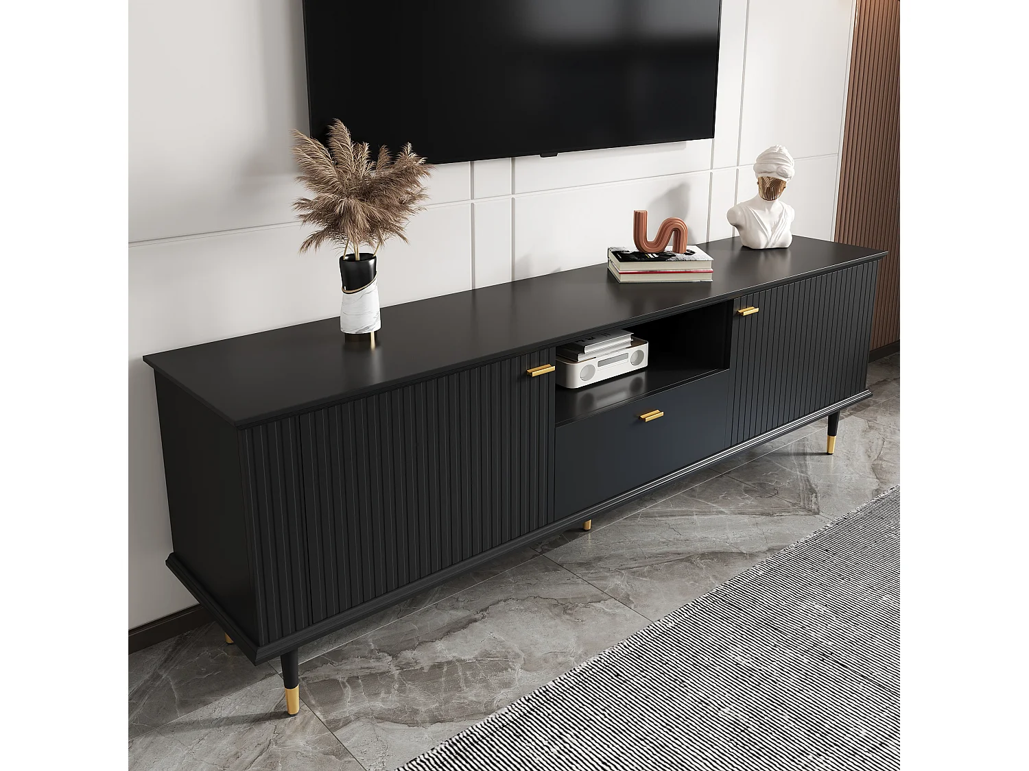 Meuble TV avec compartiments ouverts et tiroirs, surface structurée laquée, charnières Soft-Close, design moderne et fonctionnel.