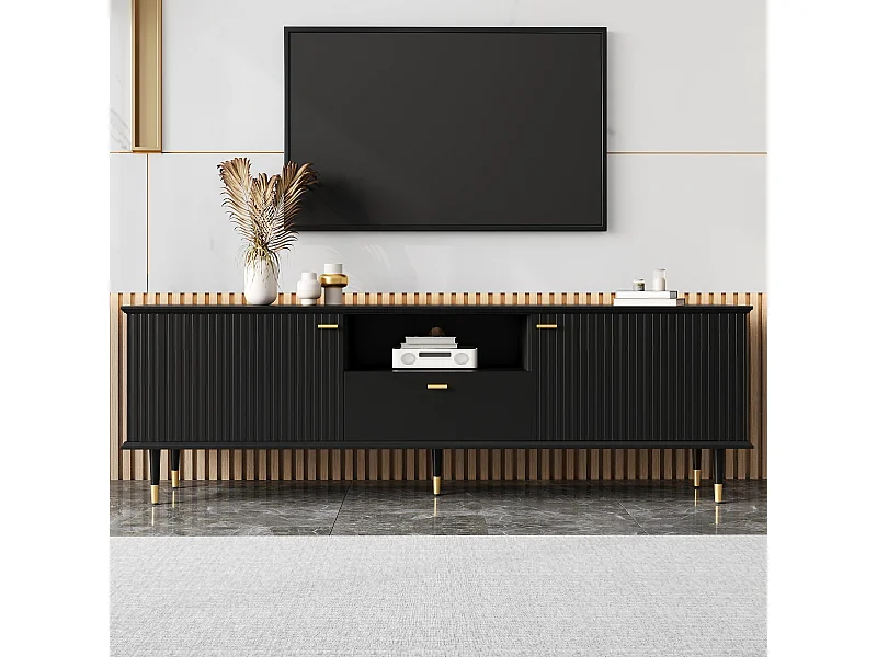 Meuble TV avec compartiments ouverts et tiroirs, surface structurée laquée, charnières Soft-Close, design moderne et fonctionnel.