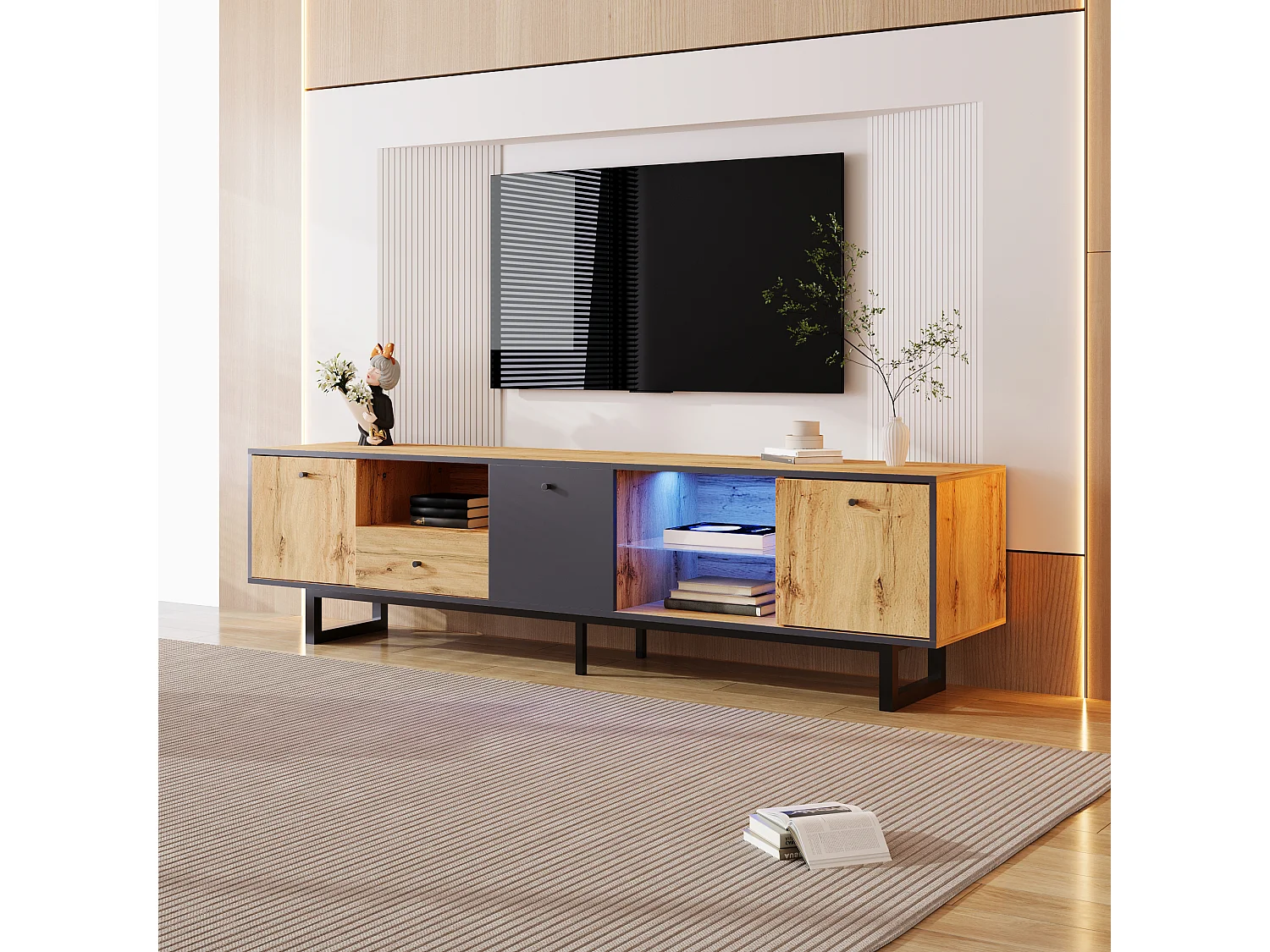 Lowboard, meuble TV pour salon avec effet lumineux LED, cloison en verre, charnières amorties, design assorti