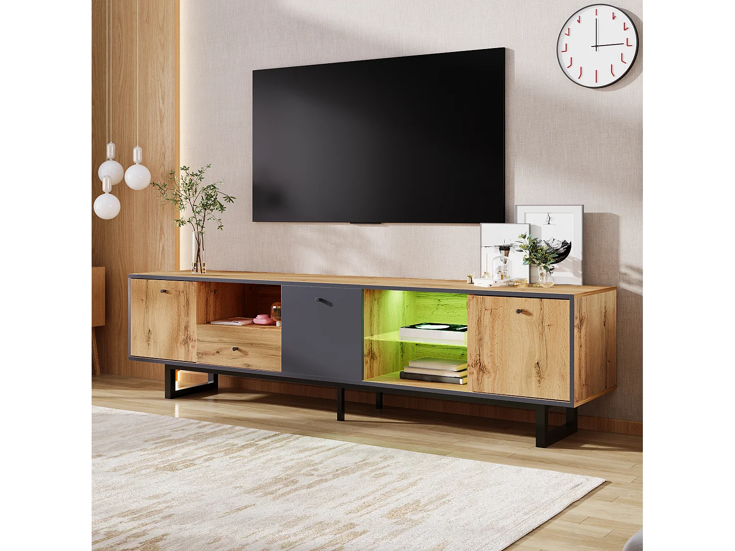 Lowboard, meuble TV pour salon avec effet lumineux LED, cloison en verre, charnières amorties, design assorti