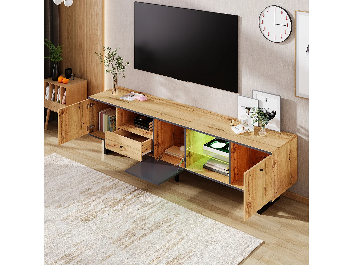 Lowboard, meuble TV pour salon avec effet lumineux LED, cloison en verre, charnières amorties, design assorti