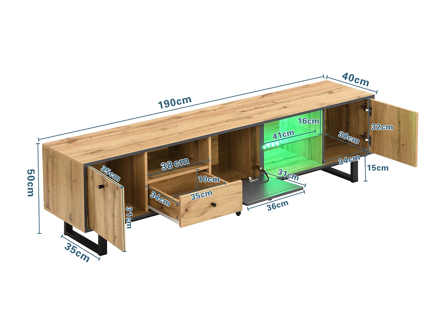 Lowboard, meuble TV pour salon avec effet lumineux LED, cloison en verre, charnières amorties, design assorti