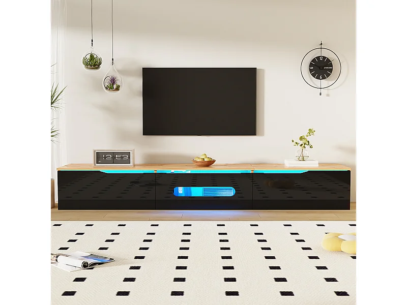 Meuble TV, 180 cm, surface laquée, avec éclairage LED 16 couleurs, montable au mur