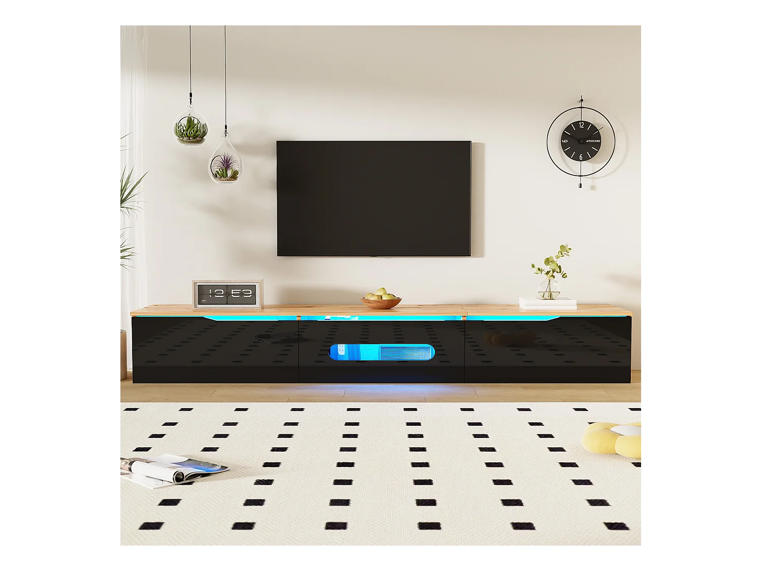 Meuble TV, 180 cm, surface laquée, avec éclairage LED 16 couleurs, montable au mur