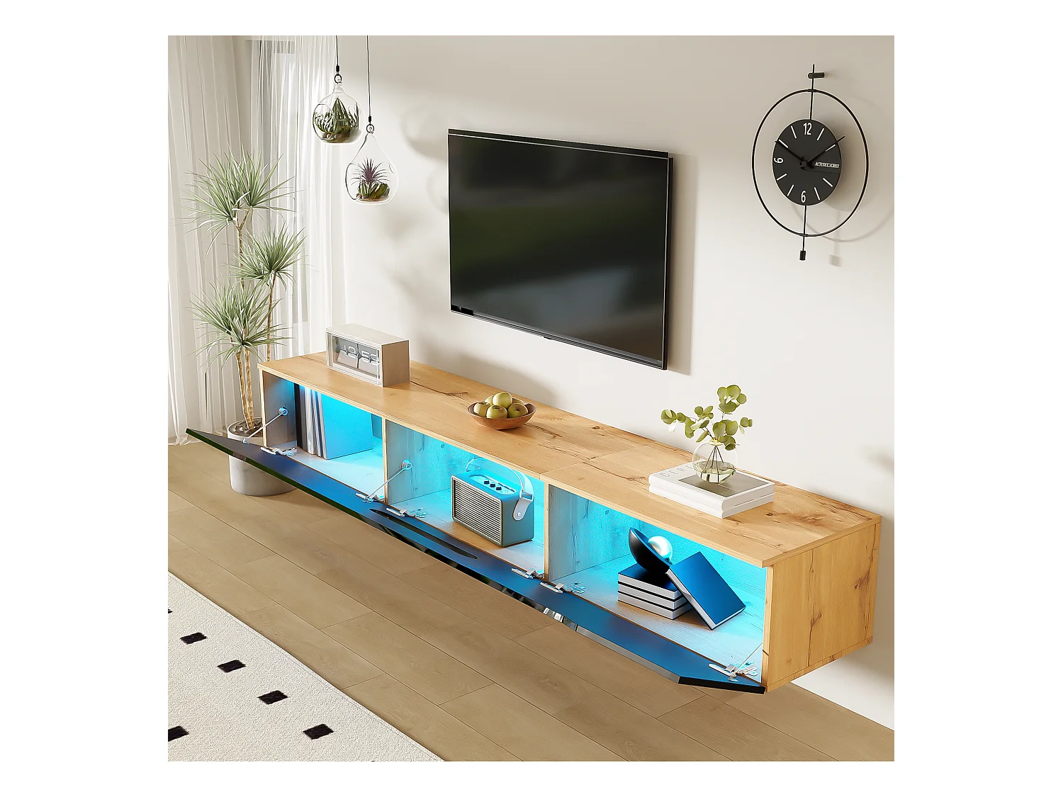 Meuble TV, 180 cm, surface laquée, avec éclairage LED 16 couleurs, montable au mur