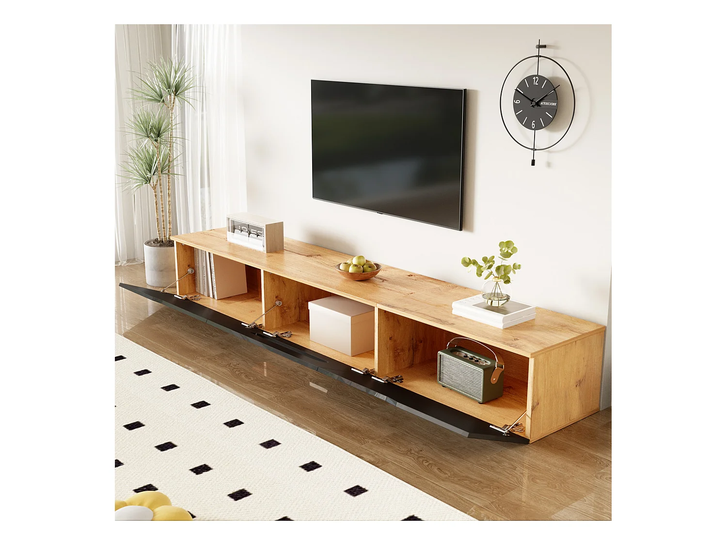 Meuble TV, 180 cm, surface laquée, avec éclairage LED 16 couleurs, montable au mur