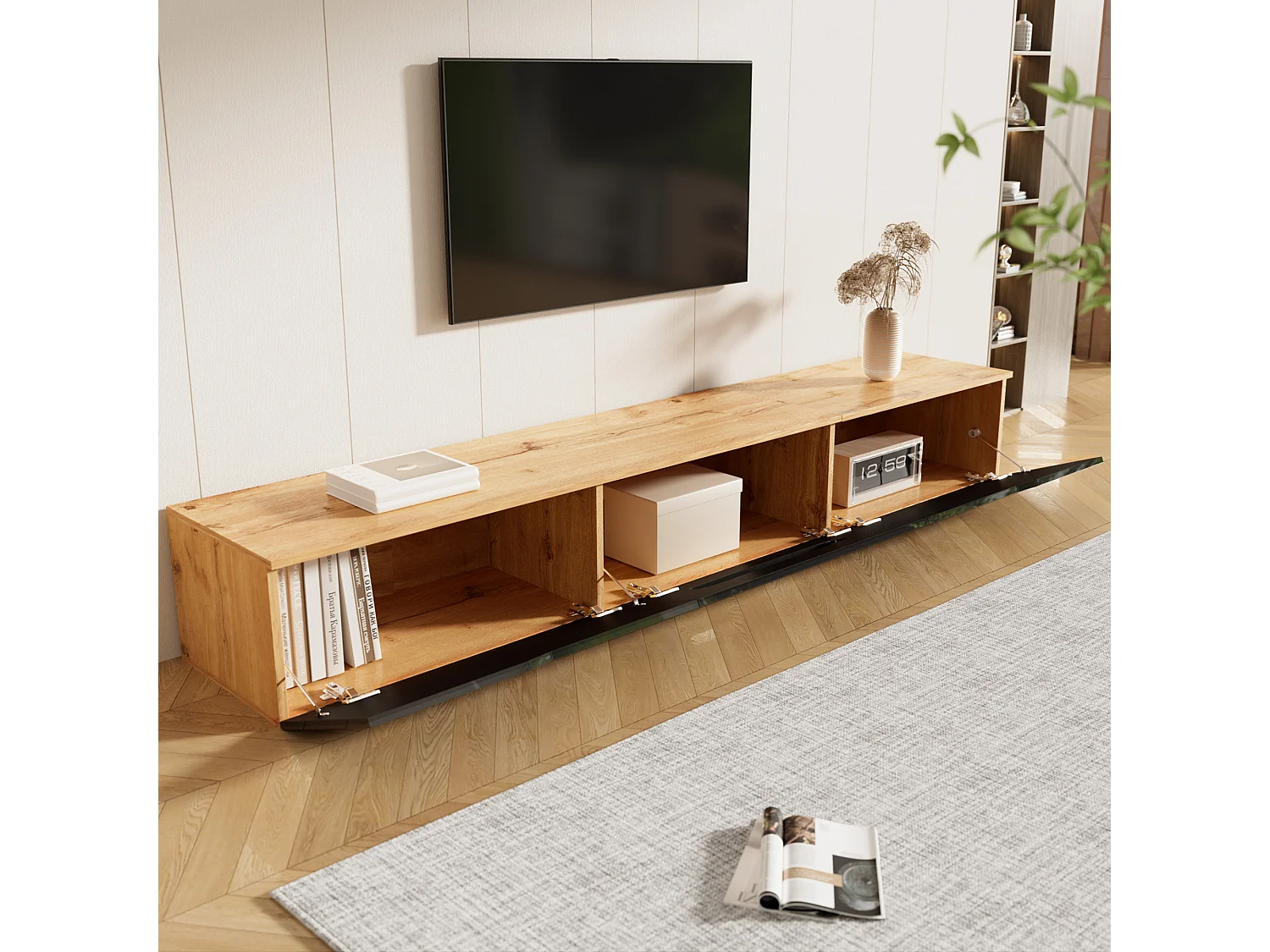 Meuble TV, 180 cm, surface laquée, avec éclairage LED 16 couleurs, montable au mur