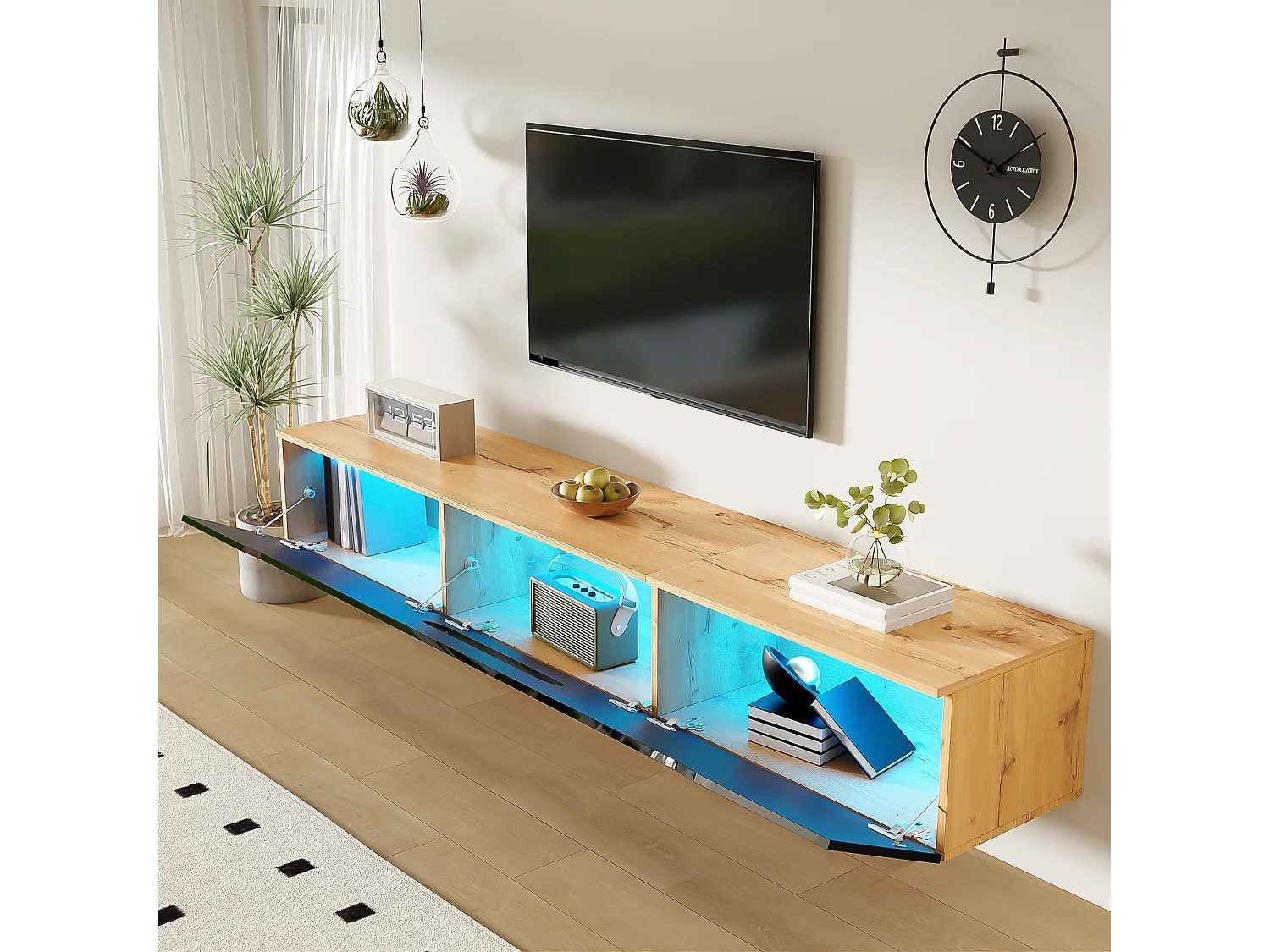 Meuble TV, 180 cm, surface laquée, avec éclairage LED 16 couleurs, montable au mur