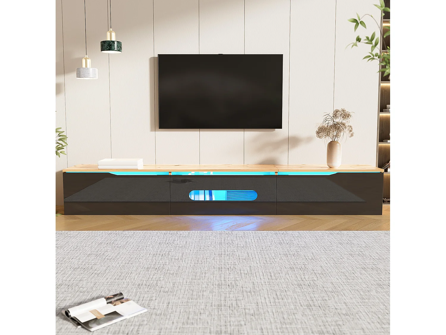 Meuble TV, 180 cm, surface laquée, avec éclairage LED 16 couleurs, montable au mur