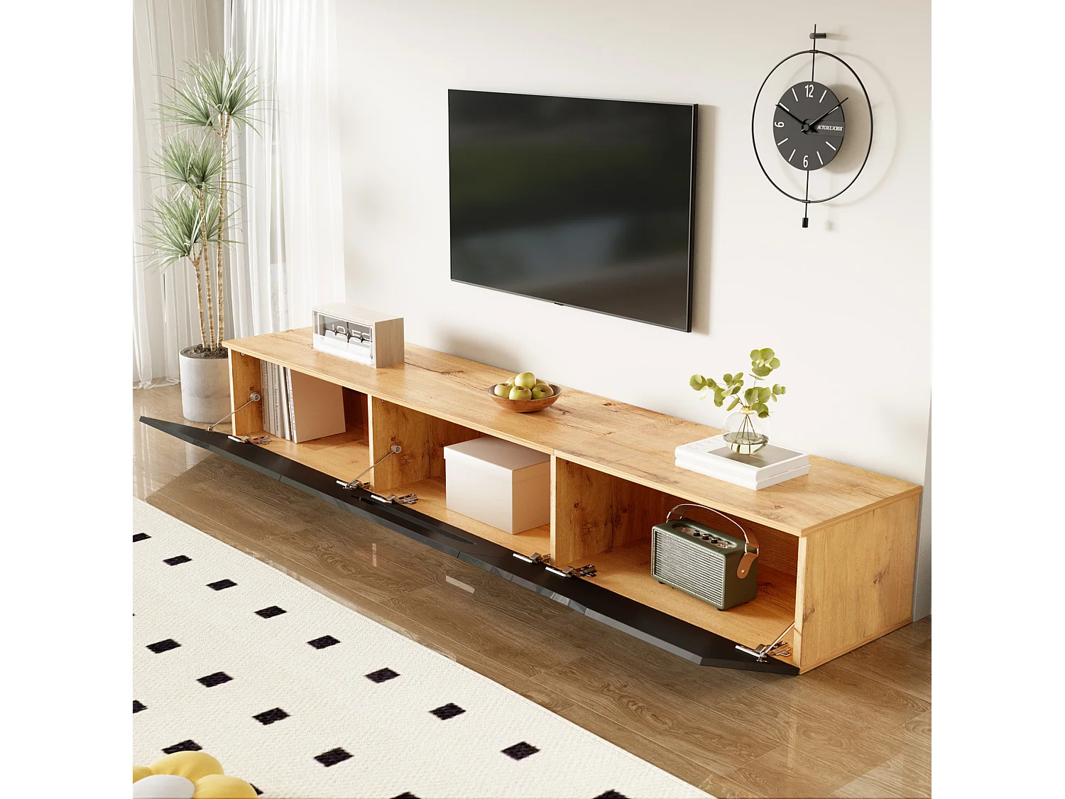 Meuble TV, 180 cm, surface laquée, avec éclairage LED 16 couleurs, montable au mur