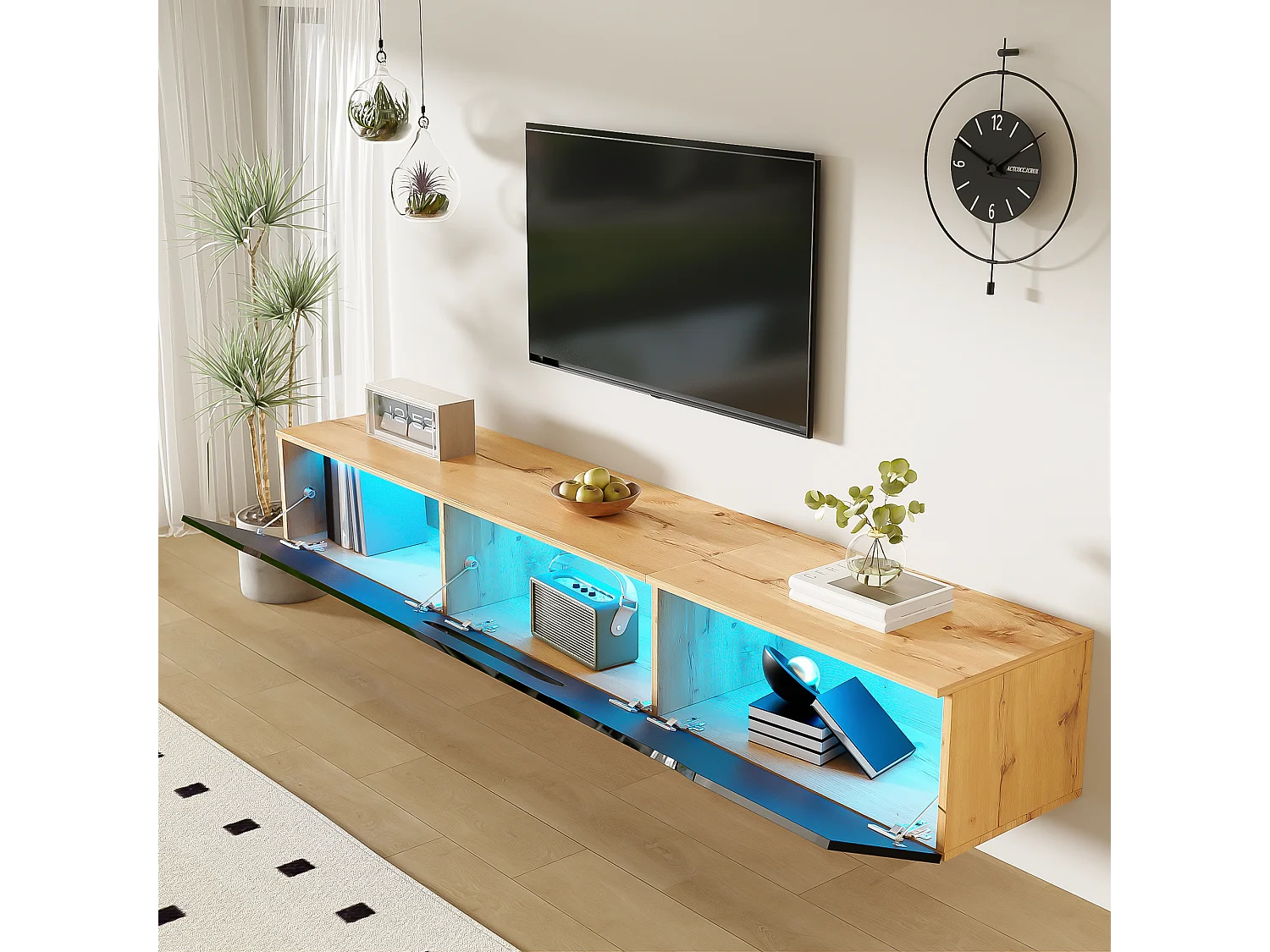 Meuble TV, 180 cm, surface laquée, avec éclairage LED 16 couleurs, montable au mur