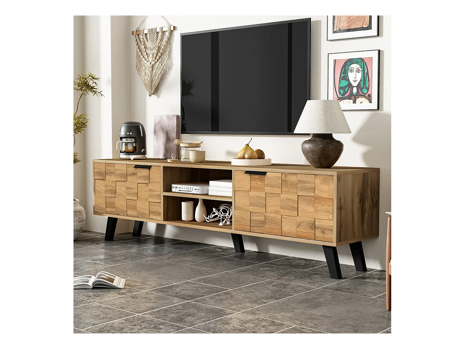 Meuble TV moderne avec 2 portes et 2 compartiments ouverts – 160,5 x 35,5 x 45 cm. Design élégant et fonctionnel pour le salon.