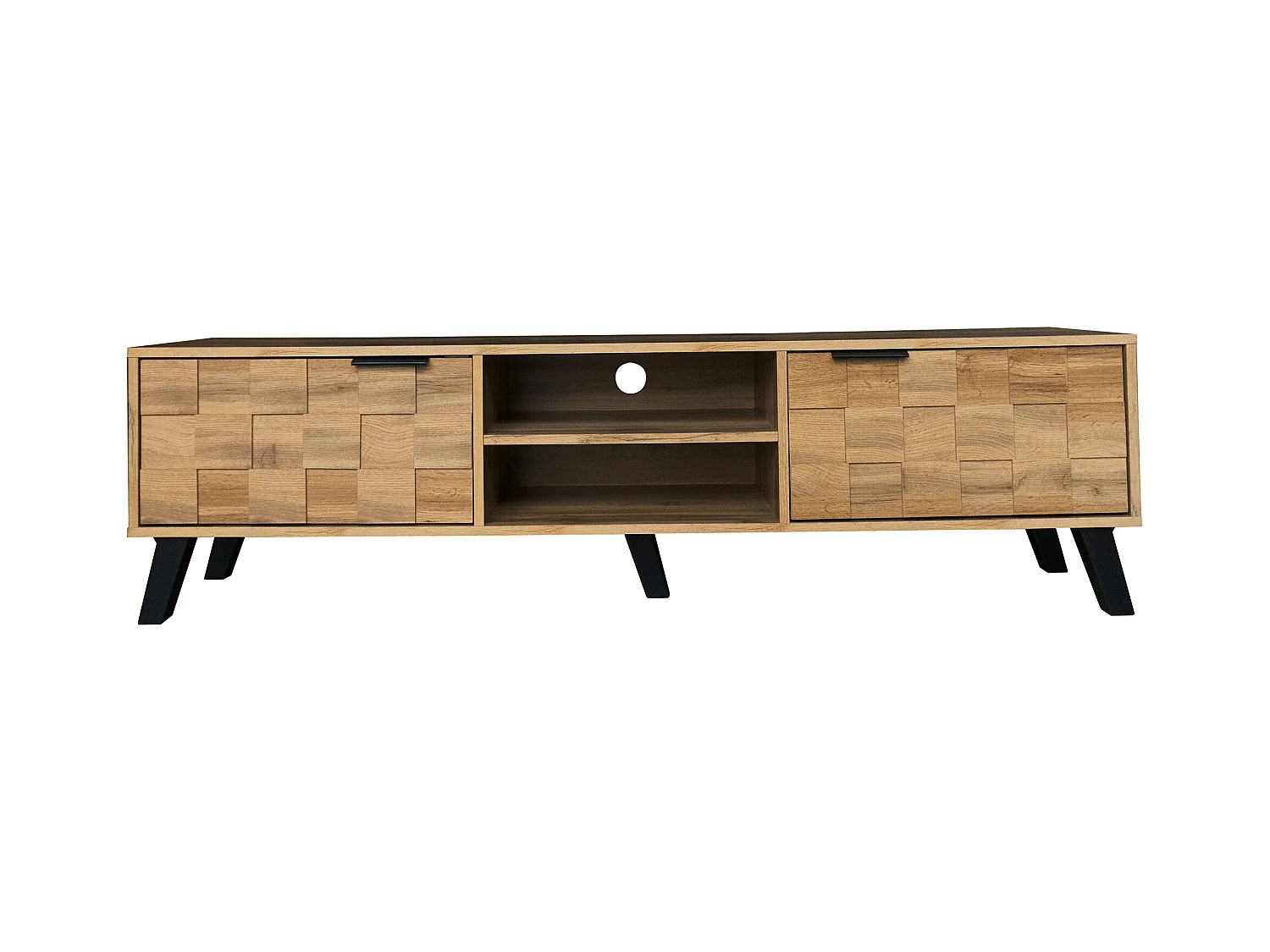 Meuble TV moderne avec 2 portes et 2 compartiments ouverts – 160,5 x 35,5 x 45 cm. Design élégant et fonctionnel pour le salon.