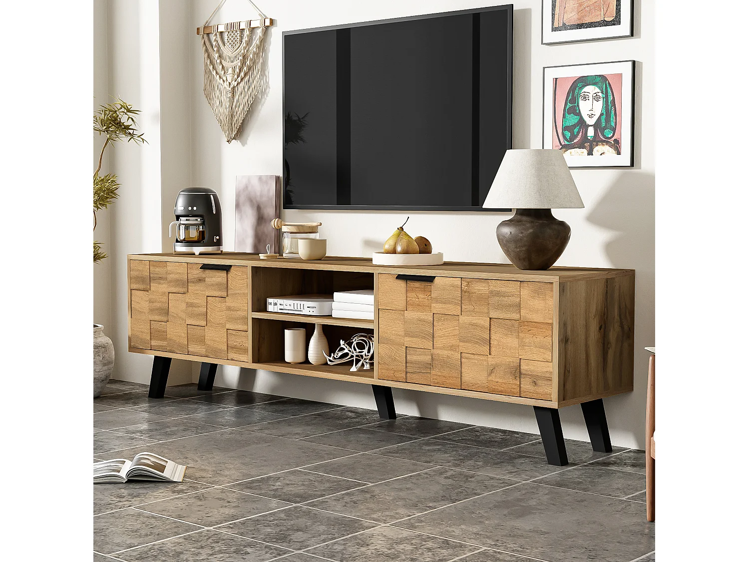 Meuble TV moderne avec 2 portes et 2 compartiments ouverts – 160,5 x 35,5 x 45 cm. Design élégant et fonctionnel pour le salon.