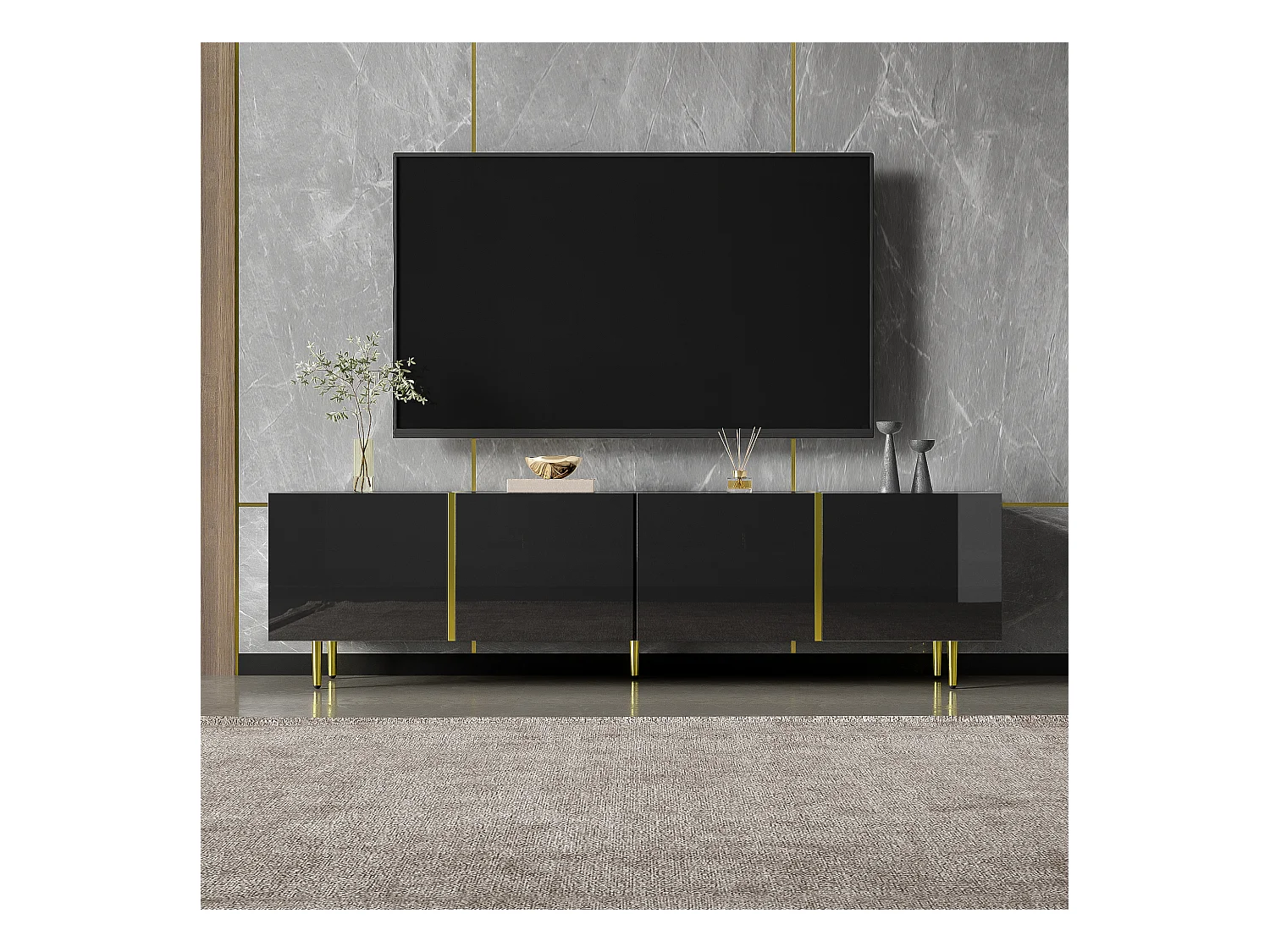 Meuble TV laqué noir avec 4 portes, design moderne et épuré, combinaison de couleurs noir et or.
