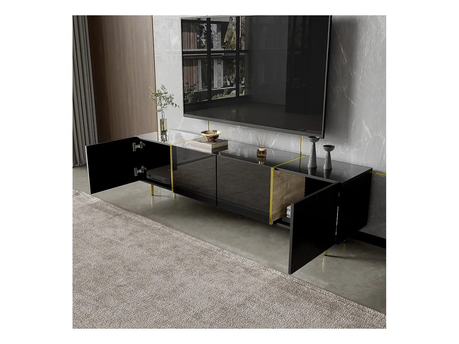 Meuble TV laqué noir avec 4 portes, design moderne et épuré, combinaison de couleurs noir et or.