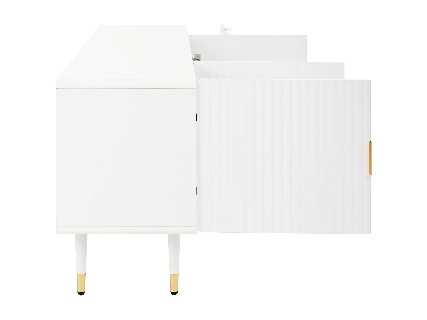 Meuble TV avec tiroirs, poignées et pieds dorés, portes avec étagères, pieds réglables, design élégant et pratique pour le salon.