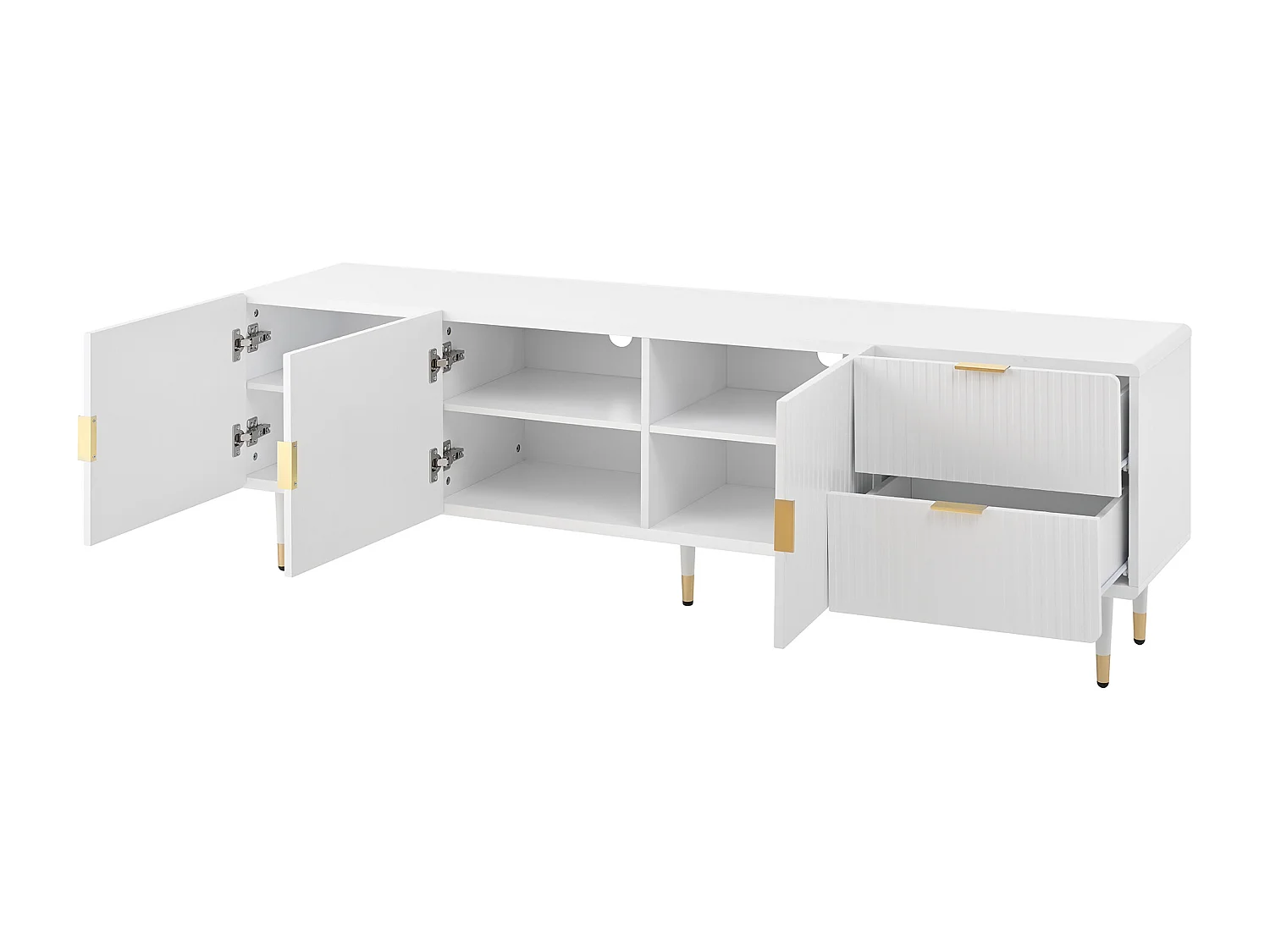 Meuble TV avec tiroirs, poignées et pieds dorés, portes avec étagères, pieds réglables, design élégant et pratique pour le salon.