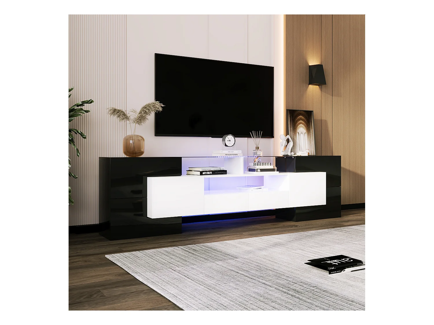 Meuble TV élégant 200 cm blanc/noir brillant avec LED. Design moderne, surface en verre facile à nettoyer, parfait pour salons contemporains