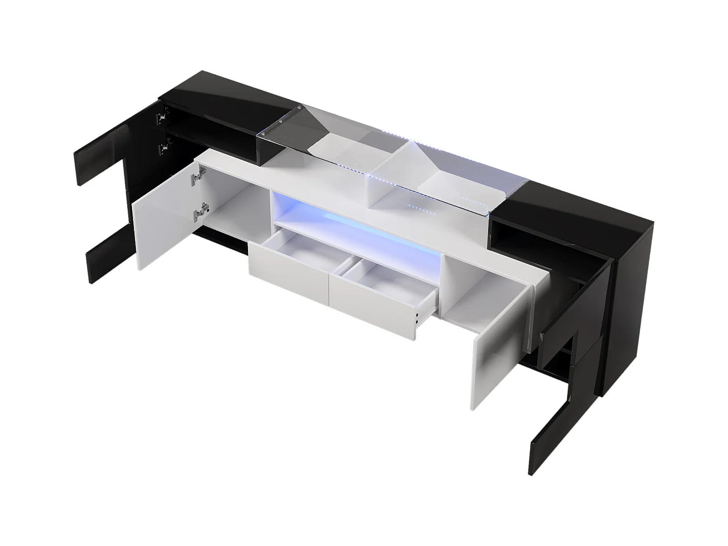 Meuble TV élégant 200 cm blanc/noir brillant avec LED. Design moderne, surface en verre facile à nettoyer, parfait pour salons contemporains