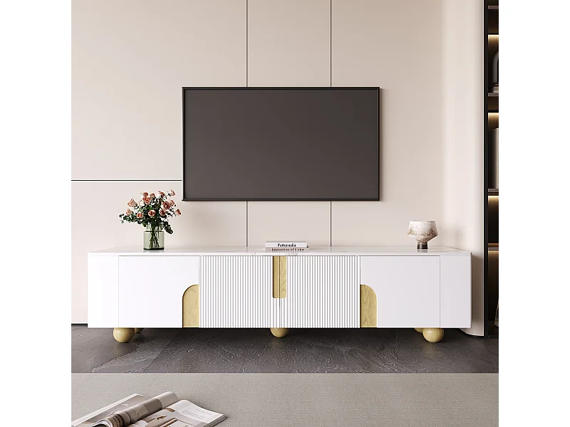 Meuble TV blanc 180 cm, 4 portes, design élégant, finition effet marbre, pieds en bois sphériques