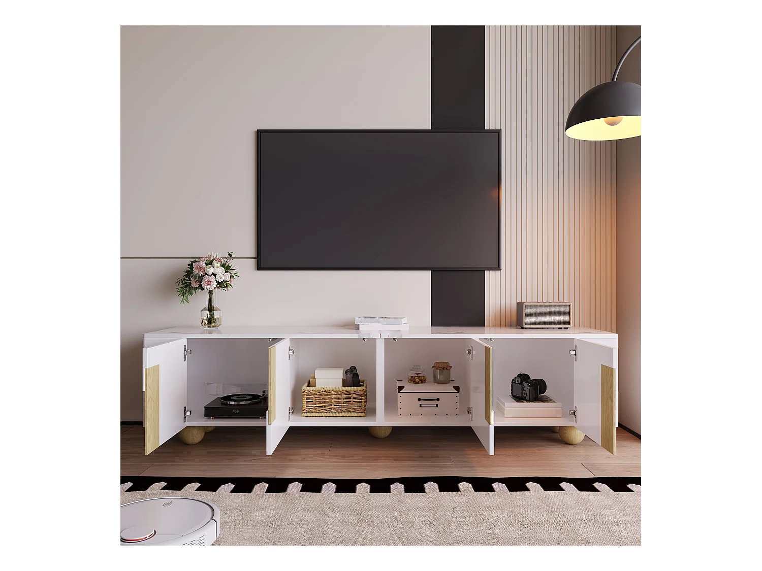 Meuble TV blanc 180 cm, 4 portes, design élégant, finition effet marbre, pieds en bois sphériques