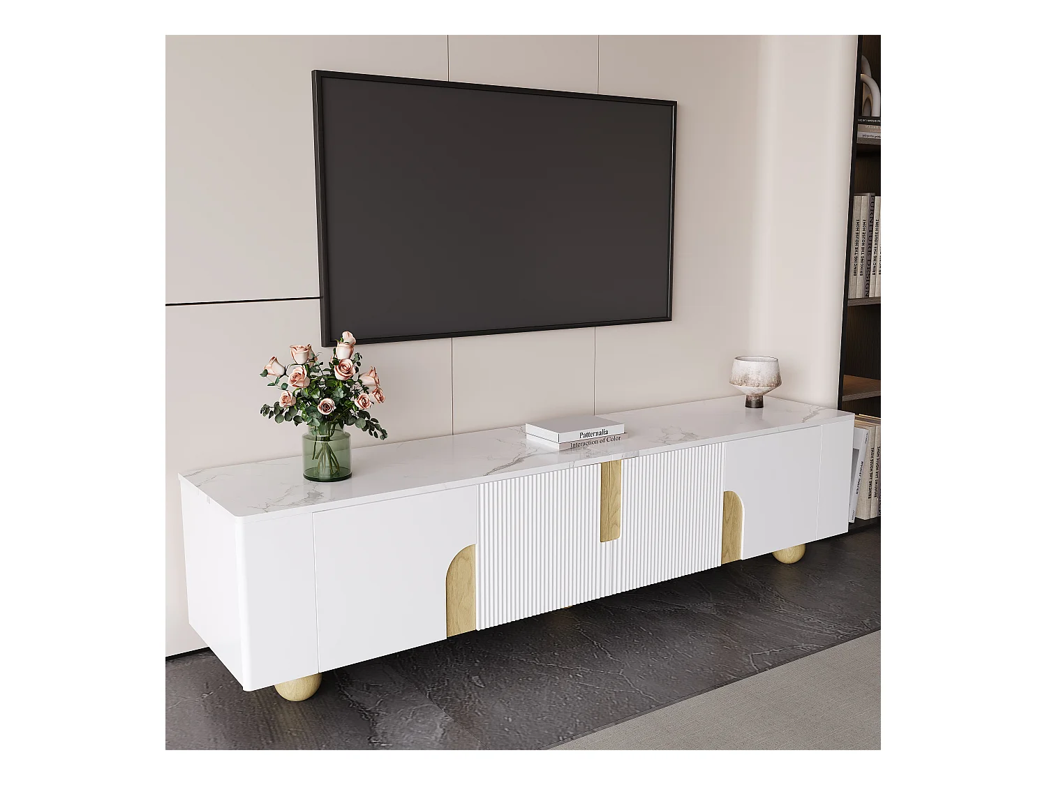 Meuble TV blanc 180 cm, 4 portes, design élégant, finition effet marbre, pieds en bois sphériques