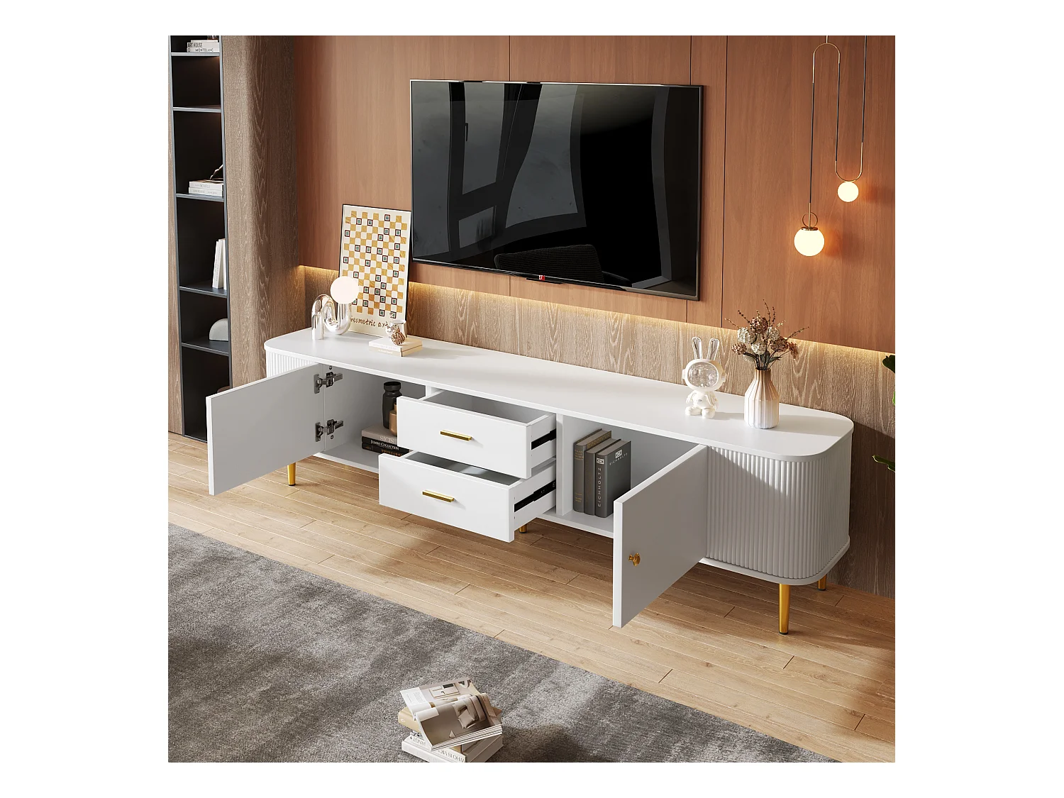 Meuble TV avec Tiroirs, Coins Arrondis, Meuble TV Salon avec Côtés Ondulés, Poignées et Pieds Dorés