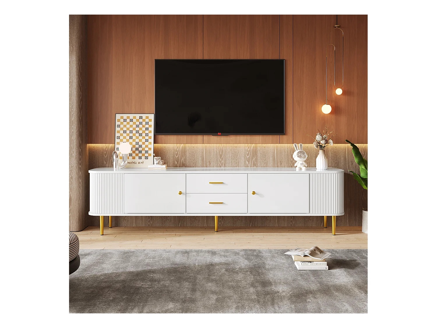 Meuble TV avec Tiroirs, Coins Arrondis, Meuble TV Salon avec Côtés Ondulés, Poignées et Pieds Dorés