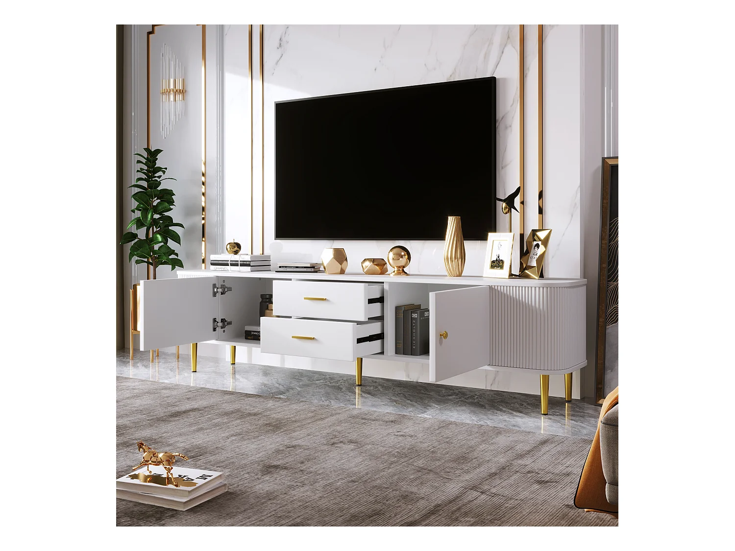 Meuble TV avec Tiroirs, Coins Arrondis, Meuble TV Salon avec Côtés Ondulés, Poignées et Pieds Dorés