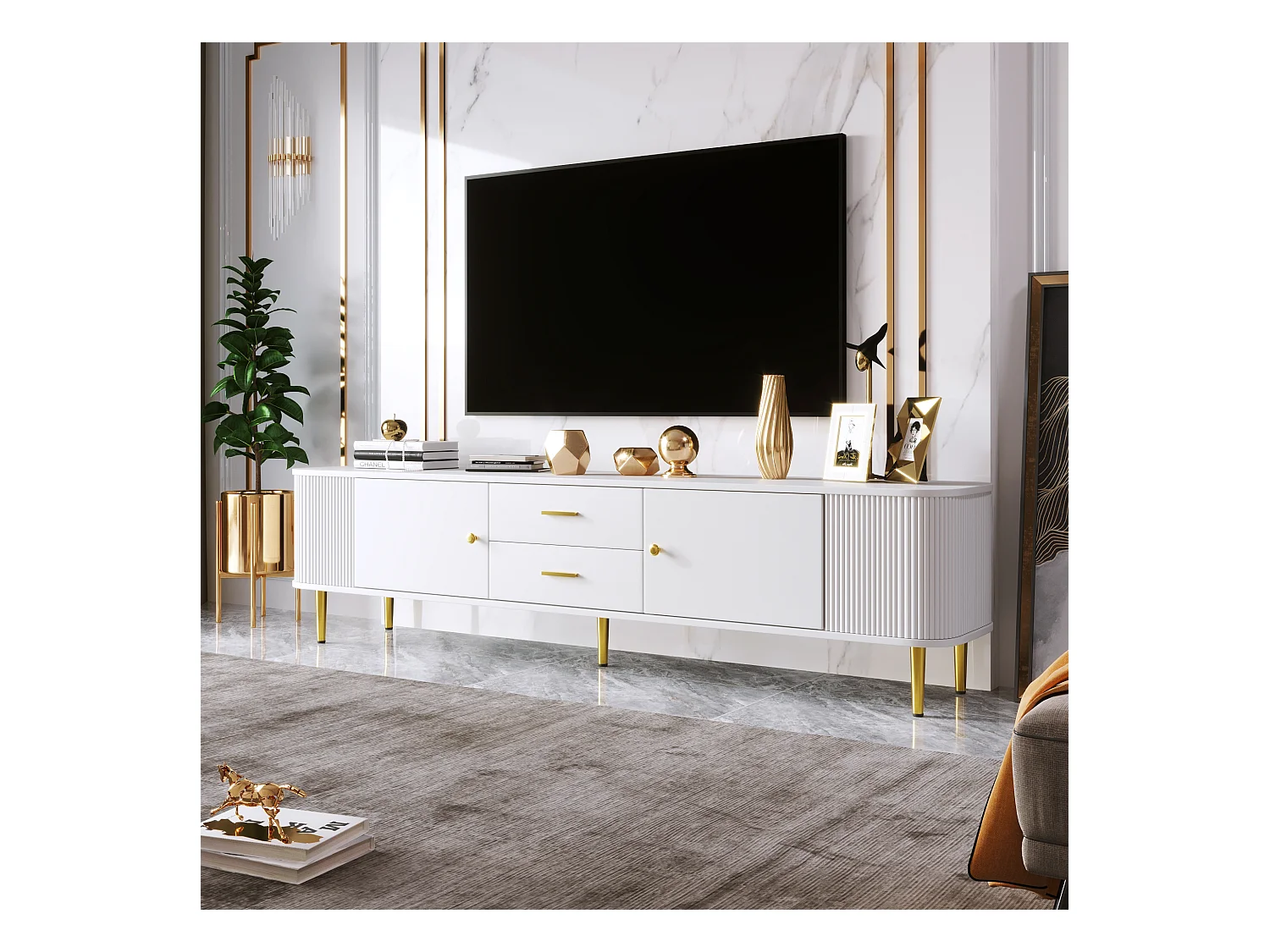 Meuble TV avec Tiroirs, Coins Arrondis, Meuble TV Salon avec Côtés Ondulés, Poignées et Pieds Dorés