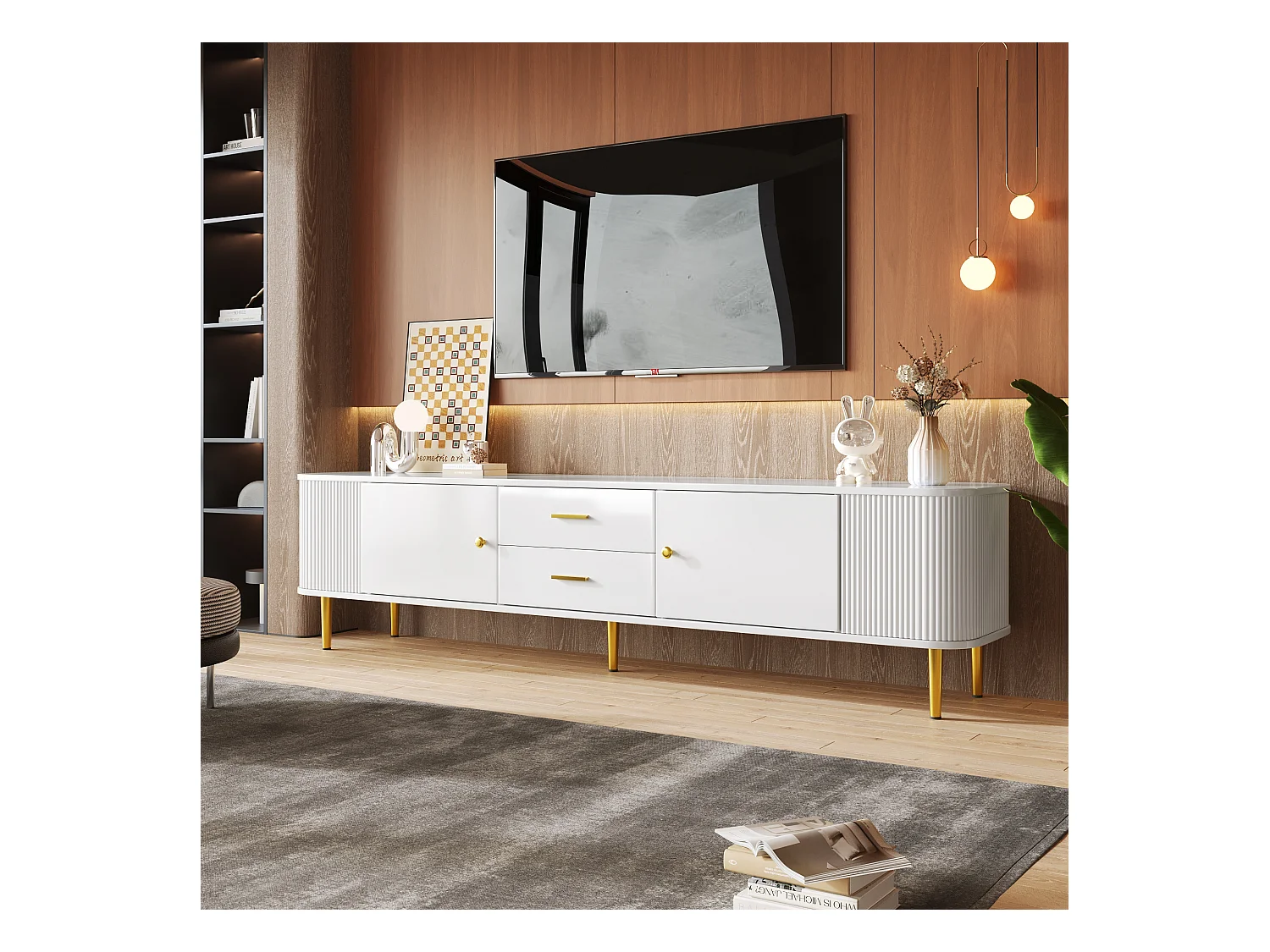 Meuble TV avec Tiroirs, Coins Arrondis, Meuble TV Salon avec Côtés Ondulés, Poignées et Pieds Dorés